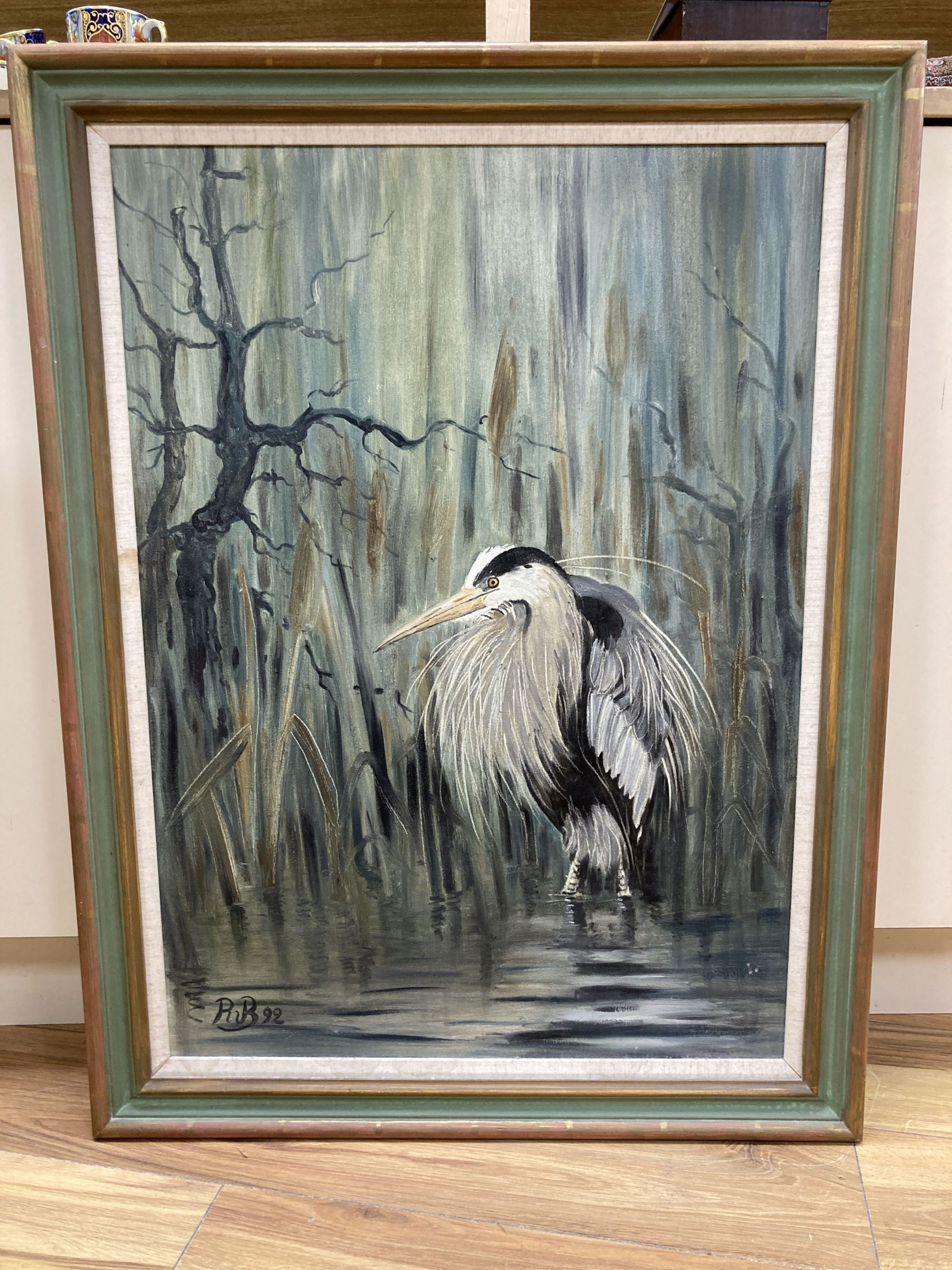 Baroness Bismarck, oil on canvas, Heron amongst reeds, initialled and dated 92, 72 x 52cm